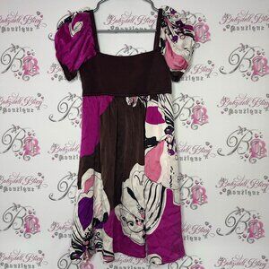 Bebe dress silk floral brown puff shoulders adorable y2k rare 2000s babydoll